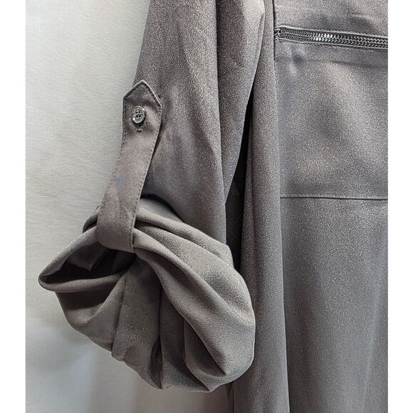 Calvin Klein Women's Silver Button-Down Roll Sleeve Zipper Pocket Blouse, Medium - Picture 7 of 13